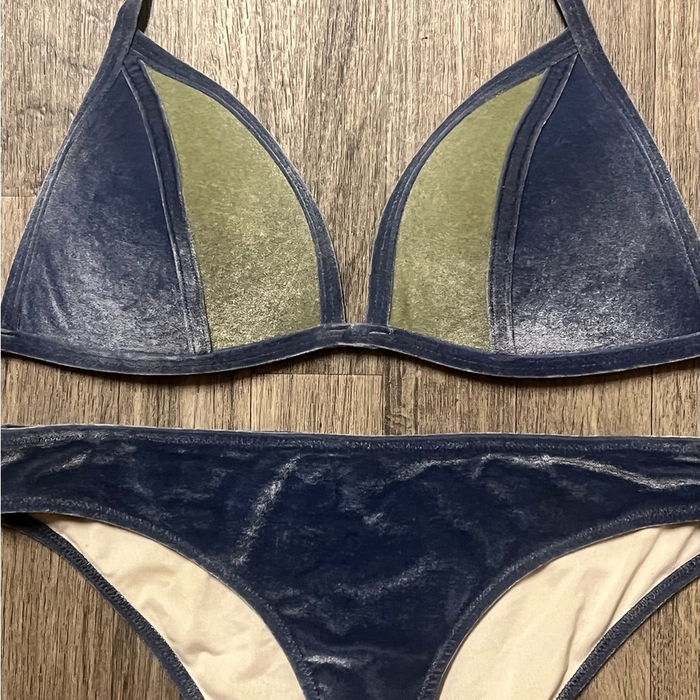 PINK Velvet Triangle Swimsuit – Padded Push-Up, Blue/Olive, Size Medium Swimwear